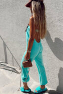 סטרפלס  אוברול מבד פשתן- טורקיז