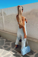 סטרפלס אוברול מבד פשתן- בייבי בלו