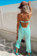 סטרפלס  אוברול מבד פשתן- טורקיז