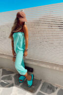 סטרפלס  אוברול מבד פשתן- טורקיז