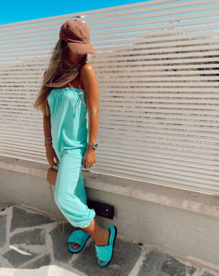 סטרפלס  אוברול מבד פשתן- טורקיז