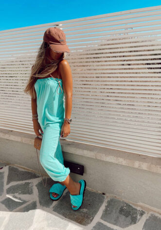 סטרפלס  אוברול מבד פשתן- טורקיז