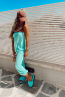 סטרפלס  אוברול מבד פשתן- טורקיז