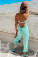 סטרפלס  אוברול מבד פשתן- טורקיז